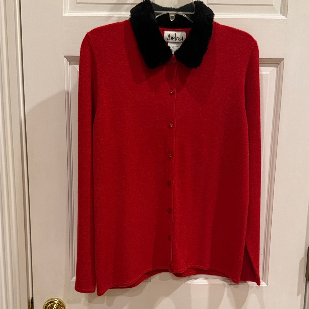 Ambra Women's Red Cardigan Sweater with Black Collar